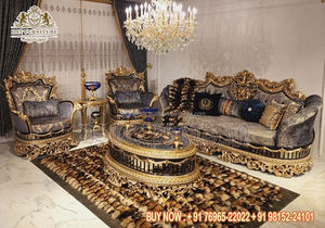 Conjunto de sofá de madera de teca estilo italiano para sala de estar, juego de sofá de 5 plazas estilo victoriano clásico indio con hojas doradas para sala de estar - Product Image 3