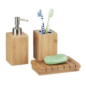 Ensemble de salle de bain décoratif en bois avec porte-savon, porte-brosse à dents, boîte à mouchoirs et accessoires de rangement - Product Image 4