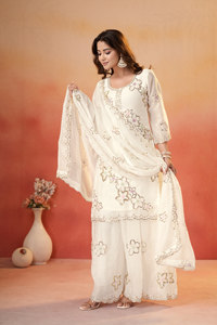 Fendy <b>Silk</b> Multi Embroidery Sequence Kurti Set With Lined Elastic <b>Palazzo</b> <b>Pant</b> And Matching Embroidered Dupatta For Women UV 150 - Product Image 3