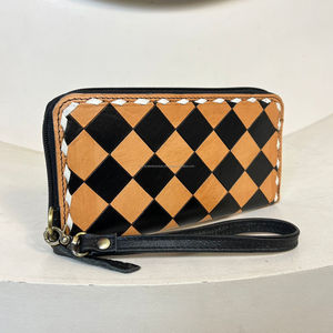 Wholesale Ladies 2 Piece Set Checkered Design Hand Tooled Genuine <b>Leather</b> <b>Handbag</b> & Wristlet Wallet High Quality Set for Women's - Product Image 5