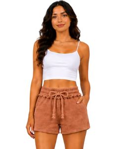 Peach Brown Women <b>Drawstring</b> Cotton Terry Shorts Elastic Waist Casual Summer Lounge Wear Soft Pocket Mini Shorts Custom Fashion - Product Image 1