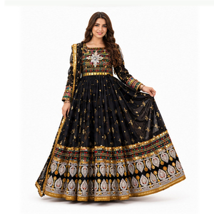 Lehenga Choli de Seda Beige con Dupatta Roja Bordada, Vestido Afgano para Boda, Largo hasta el Suelo, Corte Holgado, Vestidos Kuchi Afganos para Mujer - Product Image 6