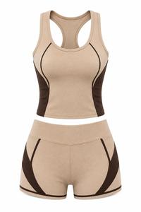Conjunto de yoga de 2 piezas para mujer, talla grande, top corto sin mangas con cuello redondo y espalda cruzada, shorts de cintura alta con ribete en contraste, sin costuras, de spandex. - Product Image 3