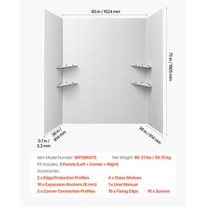 Kit Parete Doccia a 3 Pannelli in SMC a Installazione Rapida, 152 cm L x 91 cm P x 190 cm H, Spessore 3,5 mm, Pannelli Impermeabili per Bagno - Product Image 2