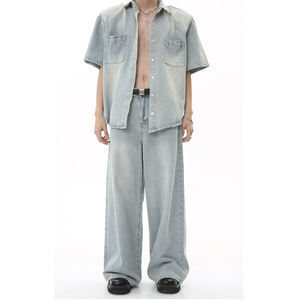 Custom Men's 2-Piece Denim Jeans Shirt and <b>Trousers</b> Set Loose Fit Button-Up Collar 100% Cotton OEM Service - Product Image 3