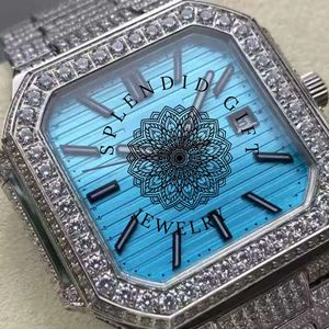 Splendide montre de luxe avec diamants carrés, 28 mm, argent, moissanite, mouvement analogique ETA, résistance à l'eau 10 m, saphir - Product Image 4