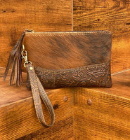 Dompet tangan kulit sapi asli, dompet kantong coklat ukiran Tooled Patch Barat rambut pada kulit bulu