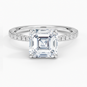 Anillo de compromiso solitario BOJ chapado en oro blanco de 14K con moissanita de corte Asscher de 2ct, color D, claridad VVS1, con 36 piedras laterales engastadas en punta, GRA - Product Image 1