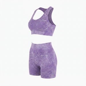 Women Lavender Purple Acid Wash Yoga Set Racerback Sports Bra High Waist Biker <b>Shorts</b> <b>Gym</b> Fitness Activewear - Product Image 4