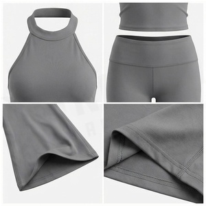 2 Piece Yoga Set High Waist <b>Flared</b> <b>Leggings</b> Halter Crop Top Solid Gray Seamless Breathable Women's Activewear - Product Image 4