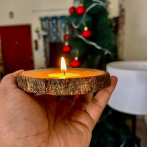 Rustic Wooden <b>Tea</b> Light <b>Candle</b> Holders, Natural Wood Slice with Bark Edge, Set - Product Image 2