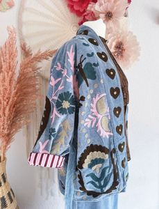 Boho Embroidery Denim Kimono <b>Cardigan</b> Long Sleeve Loose Fit Floral Pattern Hand Embroidered Casual Wear Spring Style - Product Image 2