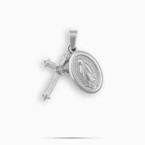 Collar con Colgante Religioso de Plata de Ley con Cruz y Medalla Milagrosa, Cadena de Cuerda, Joyería Católica Unisex - Product Image 2