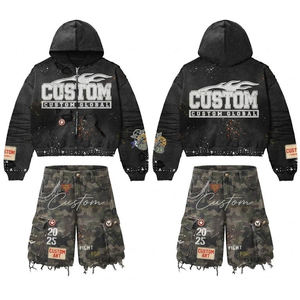 Ensemble sweat à capuche zippé et short camouflage pour homme - Coton molletonné surdimensionné avec strass, effet vieilli et patch vintage - Product Image 1