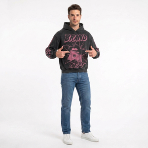 Sweat-shirt à capuche oversize pour homme, imprimé noir et rose, style streetwear, manches régulières, tissu FRENCH TERRY 300gsm - Product Image 5
