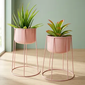 Support de plante moderne en métal rose poudré avec pot de fleurs cylindrique haut et base ronde élégante en fil métallique pour plantes d'intérieur, salon - Product Image 4