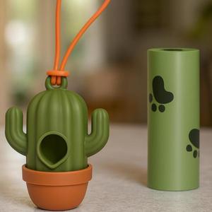 Dispenser per Sacchetti per Rifiuti di Animali Domestici con Design Cucciolo e Cactus Verde e Giallo, Elegante Soluzione per lo Smaltimento delle Feci dei Cani - Product Image 1