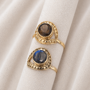 Brass Cocktail <b>Ring</b> with Natural <b>Labradorite</b> Stone Bezel Setting Handmade Heart Pattern Bohemian Style Unisex Fashion <b>Ring</b> - Product Image 4