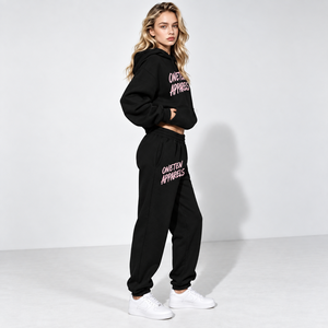 <b>Women</b> 2 Piece Set <b>Black</b> Hooded Sweatshirt Sweatpants Letter Print Casual Loose Fit <b>Fleece</b> All Seasons - Product Image 3