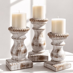 Juego de 3 Portavelas de Madera Blanca con Acabado Desgastado, Candelabros de Columna para Decoración del Hogar - Product Image 3