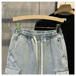 Pantalones cortos de mezclilla para hombre, estilo coreano, de verano, finos, holgados, de trabajo, de cinco puntos, con cintura elástica, de algodón, rectos, estilo urbano. - Product Image 6