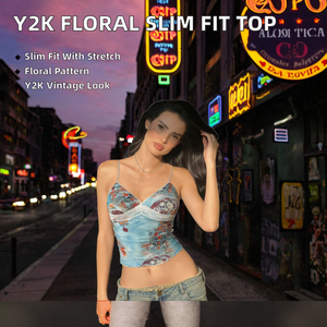 เสื้อกล้ามสตรีสไตล์ Y2K พิมพ์ลายดอกไม้ คอวี ผ้าถักสแปนเด็กซ์ระบายอากาศได้ดี ความยาวปกติ - Product Image 3