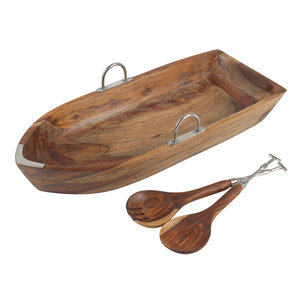 Ensemble de bassines de service en bois au design marin – Saladier rustique en bois de style côtier avec poignées en acier inoxydable - Product Image 1