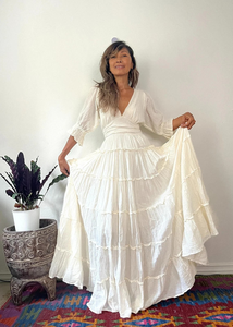 Vintage White Eco-Friendly Maxi Dress Women <b>Boho</b> V-neck Shoulder Spaghetti Strap Embroidery Hollow Natural Waist Organic Cotton - Product Image 2