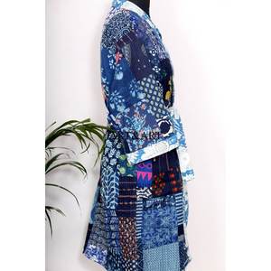 Robe kimono indienne faite à la main en soie patchwork Kantha, élégante, pour femme, vêtement de plage d'été, vêtement de nuit respirant avec ceinture à nouer devant - Product Image 5