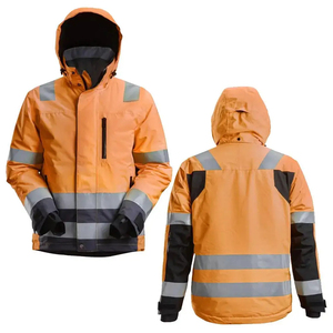High Visibility Safety <b>Jacket</b> Class 2 Waterproof Orange Reflective <b>Work</b> Coat with Hood and Stripes - Product Image 1