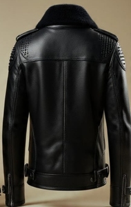 Blouson en cuir pour homme avec col en fausse fourrure et fermeture éclair - Product Image 6