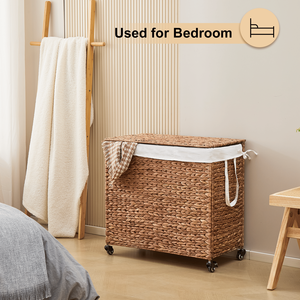 Moderno Cesto Portabiancheria da 160L a 3 Scomparti con Coperchio e Ruote, in Giacinto d'Acqua Naturale Intrecciato e Struttura in Metallo, per Uso Bagno - Product Image 6