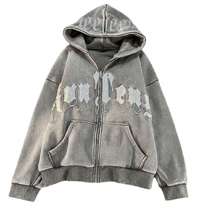 Sudadera con capucha High Street de estilo oscuro con lavado ácido y estampado de letras, premium, oversize para hombre, con bordado de chenilla, estilo streetwear - Product Image 2