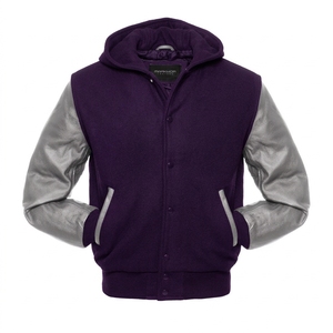 Veste universitaire à capuche pour homme, corps en laine violette, manches en cuir PU gris - Product Image 1