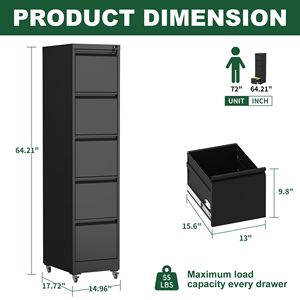 Armadio Verticale in Metallo a 5 Cassetti Resistente con Ruote Bloccabili per Archiviazione Casa e Ufficio - Formati A4/Letter/Legal - Product Image 4