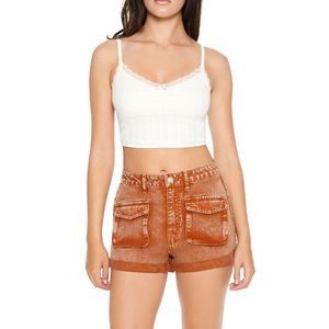Shorts en toile délavée pour femme, taille basse, avec cordon de serrage, formel, imperméable, écologique, motif léopard, pantalon d'été ODM - Product Image 5