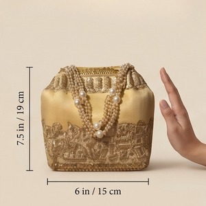 Pochette de soirée brodée à la main avec perles dorées, motif trapèze, sac à main pour mariage et fête avec doublure en PU, sac à main fait main - Product Image 3