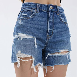 Short en jean déchiré taille haute pour femme, style décontracté, cinq poches, bleu, en coton, avec braguette boutonnée - Product Image 4