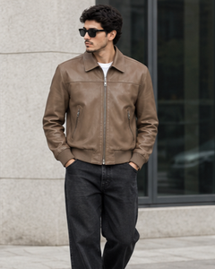Chaqueta de Motociclista Casual para Hombre, de Cuero Sintético Marrón, con Capucha, Cuello Redondo, Cierre de Cremallera, Transpirable y de Secado Rápido - Product Image 1