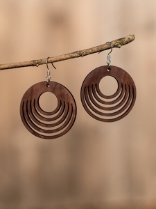 Wooden Circle Earrings With <b>Laser</b> <b>Cut</b> Pattern Dark Brown <b>Wood</b> Round Shape Dangle Earrings For Women - Product Image 4
