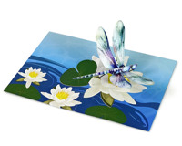 Carte de vœux avec modèle 3D pop-up de libellule et de fleur de lys aquatique