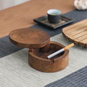 Cendrier de table en bois naturel pour salon, balcon et voiture, cendrier en bois au look vintage pour la maison et le bureau, rond, marron chez UO - Product Image 5