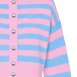 Cardigan en tricot pour femme de qualité supérieure, rose et bleu contrastés, avec logo sur le devant, style décontracté, boutonné, manches longues - Product Image 3