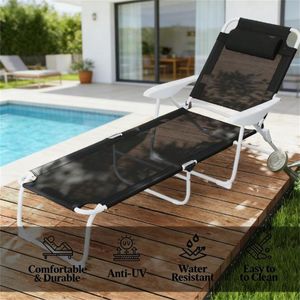 Sedia a Sdraio Pieghevole Nera per Cortile Esterno e Prendisole - Product Image 2