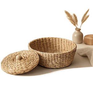 Handwoven Seagrass Vintage Storage <b>Basket</b> with Lid <b>Round</b> <b>Wicker</b> Organizer Folk Art Decoration - Product Image 2