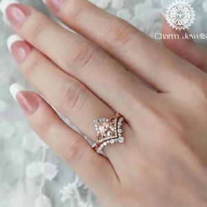 Charm_Jewells Women's Rose Gold Plated Pear Cut Moissanite Engagement <b>Ring</b> Pave Setting Romantic <b>Crown</b> Style - Product Image 2