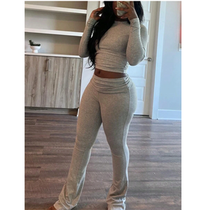Ensemble pantalon long tricoté gris à manches longues et col rond pour femme, taille haute, effet ventre plat, toutes saisons, coupe classique - Product Image 5