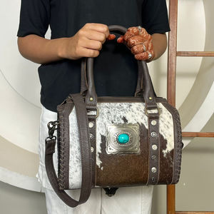 Sac fourre-tout en cuir véritable de vache avec poils, modèle Speedy moyen, style western, sac à main en cuir véritable pour femme, sac de voyage - Product Image 4