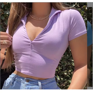 Top Corto de Verano para Mujer, Estilo Dulce, Tejido Sólido, Transpirable, Ajustado, de Manga Corta, de Algodón y Elastano - Product Image 1