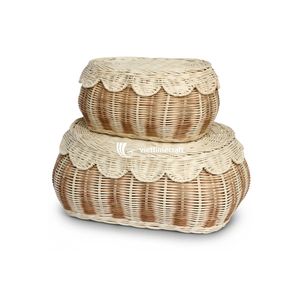 Viettimecraft Natural Rattan Oval Storage <b>Baskets</b> With Lid Stackable Eco-Friendly Rustic Design Multi-Purpose Home Decor - Product Image 1